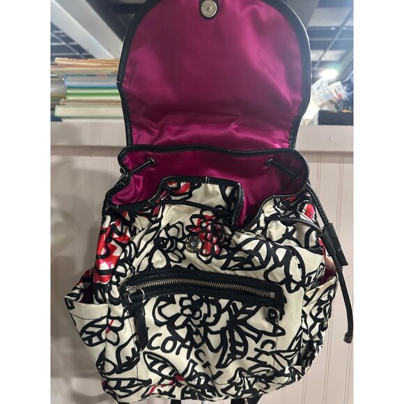Coach Poppy Floral Black Red Backpack Print Front Zipper Adjustable Straps - Picture 6 of 15